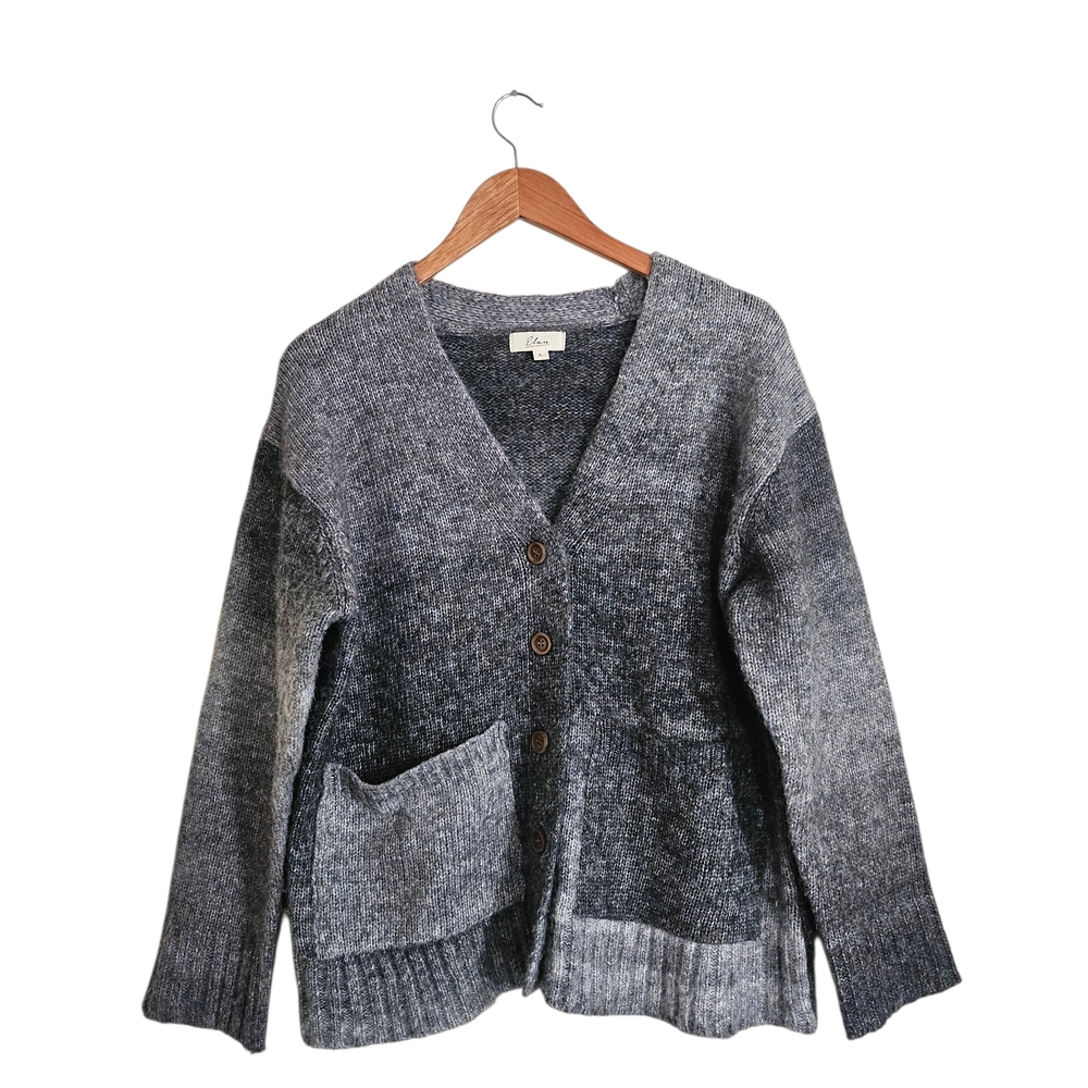 Elan Gray Ombre Button Front Fuzzy Cozy Modern Boho Cardigan Sweater, Size S